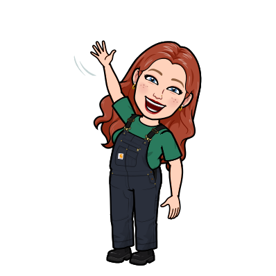 Bitmoji of Kylie Flanagan, person with red hair, a green shirt and black overalls waving