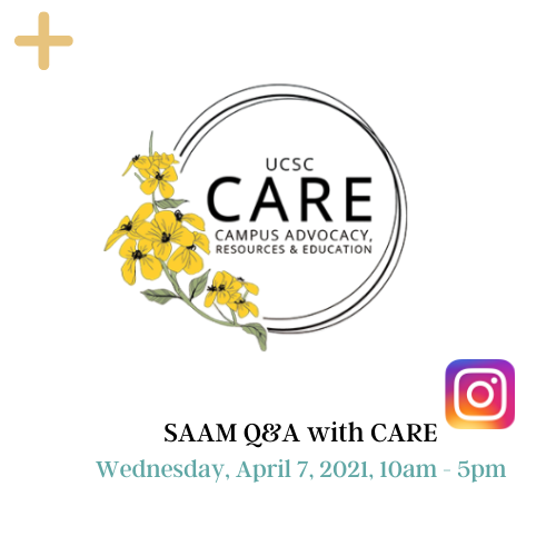 The middle part has CARE logo with an Instagram logo. The yellow button on the top can be clicked for more information. The bottom has SAAM Q&A with CARE, Wednesday, April 7, 2021, 10am - 5pm 