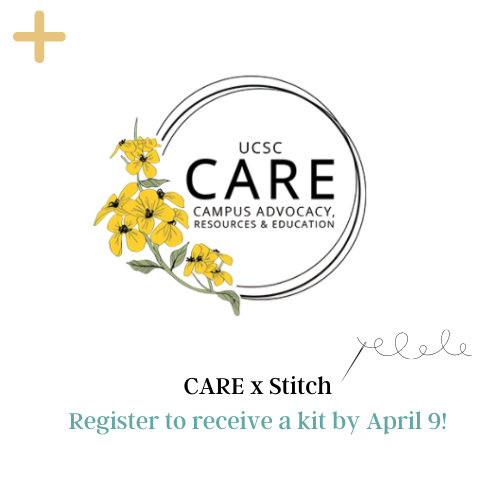 The middle part has CARE logo with an stitch drawing art. The yellow button on the top can be clicked for more information. The bottom has CARE x Stitch Register to receive a kit by April 9!