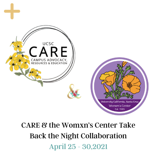 The picture has CARE logo and Womxn's Center logo in the middle. The top has a yellow button to click for more information. The bottom has CARE & the Womxn’s Center Take Back the Night Collaboration April 25 - 30