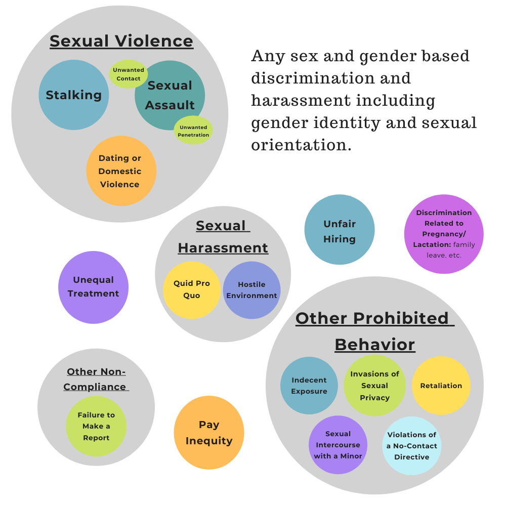 Graphic describing what is reportable to Title IX. Generally includes any sex and gender based discrimination and harassment including gender identity and sexual orientation.